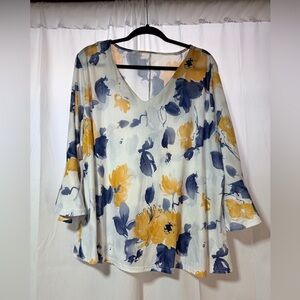 SHEIN Floral V-Neck Blouse in Blue and Yellow